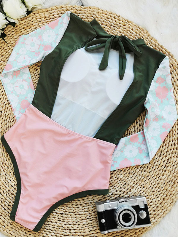 green lace up floral swimsuit — view 7
