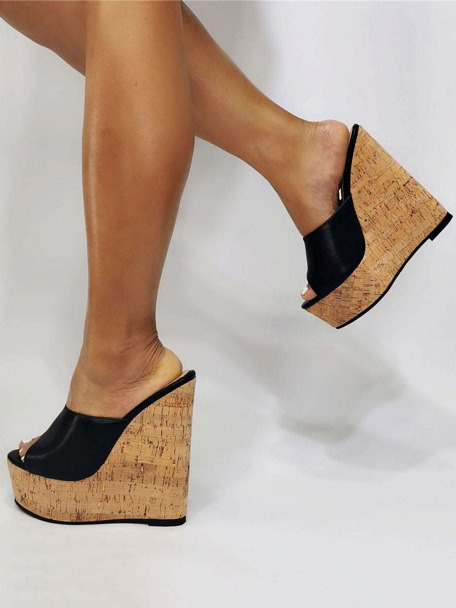 Black Open-Toe Platform Curve Wedge Sandals — view 5
