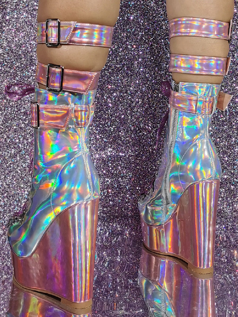 pink round toe wedge mid calf boots — view 5