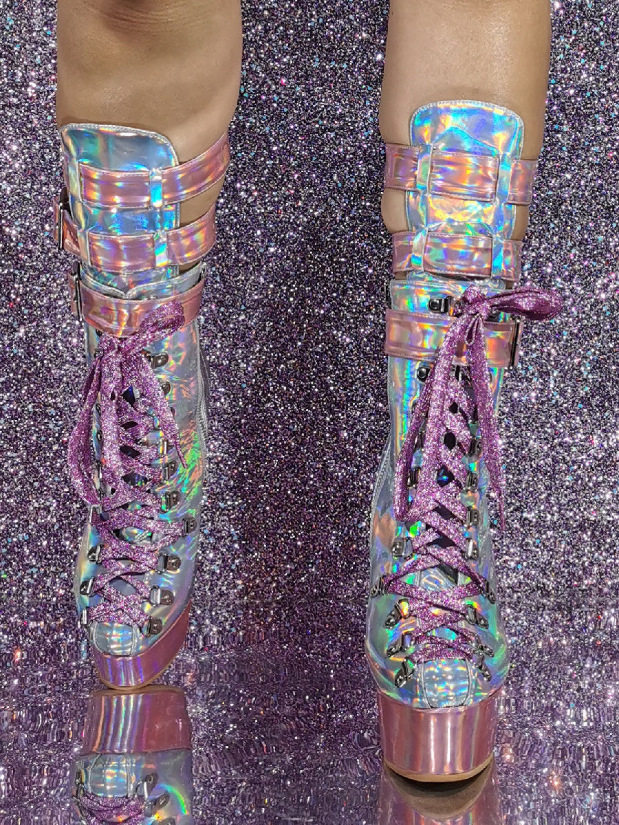 Pink Round-Toe Wedge Mid-Calf Boots — view 4