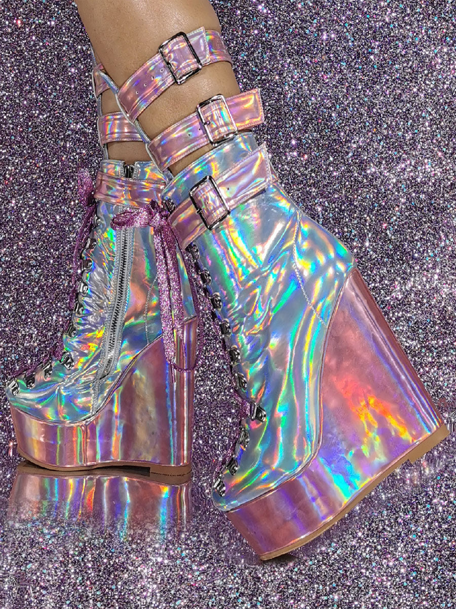 Pink Round-Toe Wedge Mid-Calf Boots — view 1