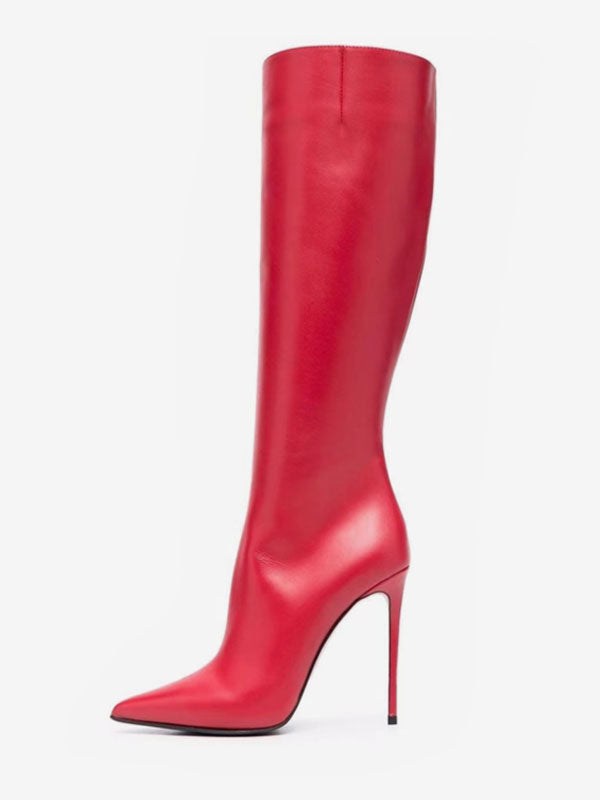 Red Pointed-Toe Stiletto Knee-High Boots — view 4