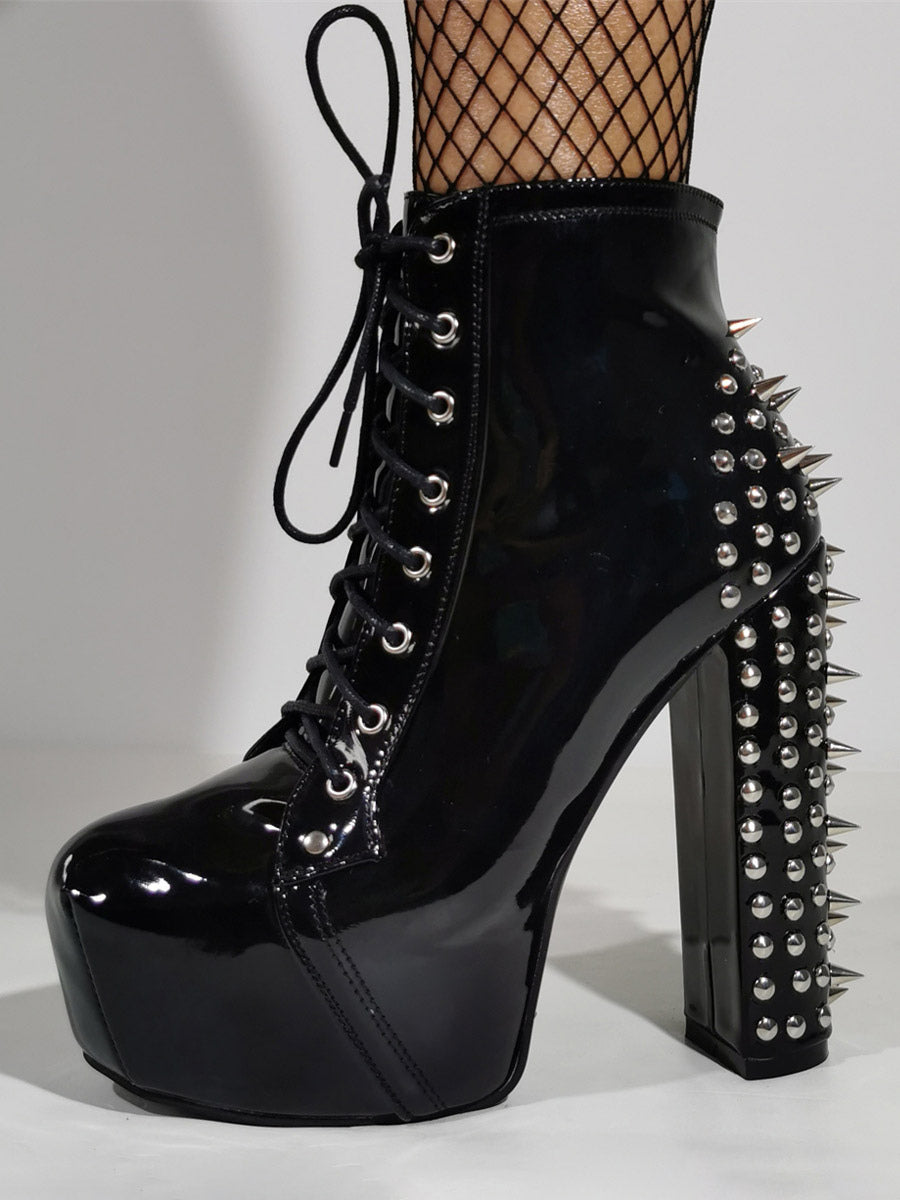 black round toe platform block heel ankle boots — view 6