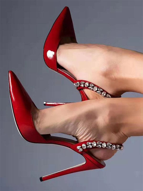 red pointed toe slingback embellished court shoes — view 9