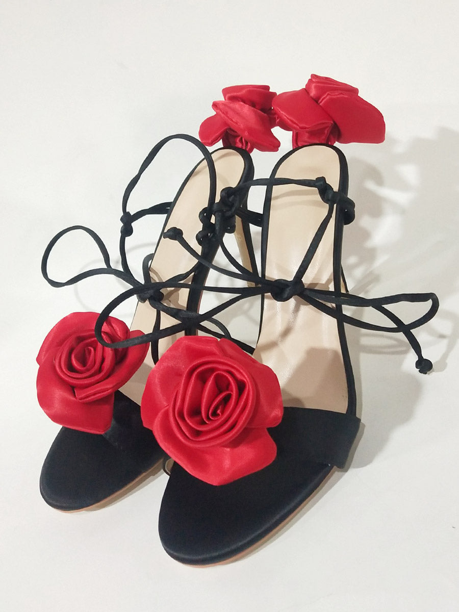 red lace up satin sandals — view 6