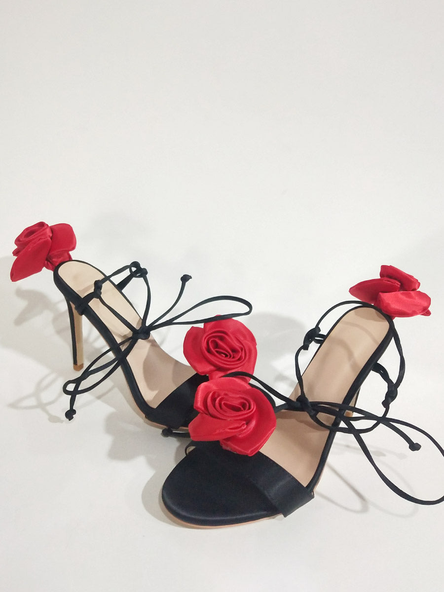 red lace up satin sandals — view 7