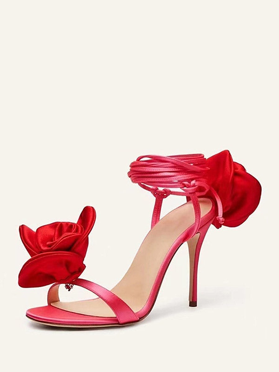 Red Lace-Up Satin Sandals — view 1