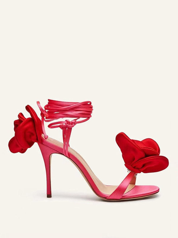 red lace up satin sandals — view 2