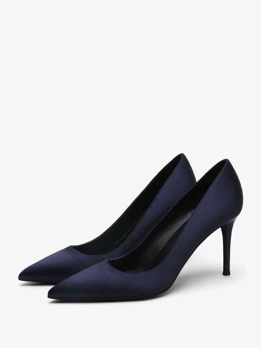 yellow pointed toe stiletto satin court shoes — view 3