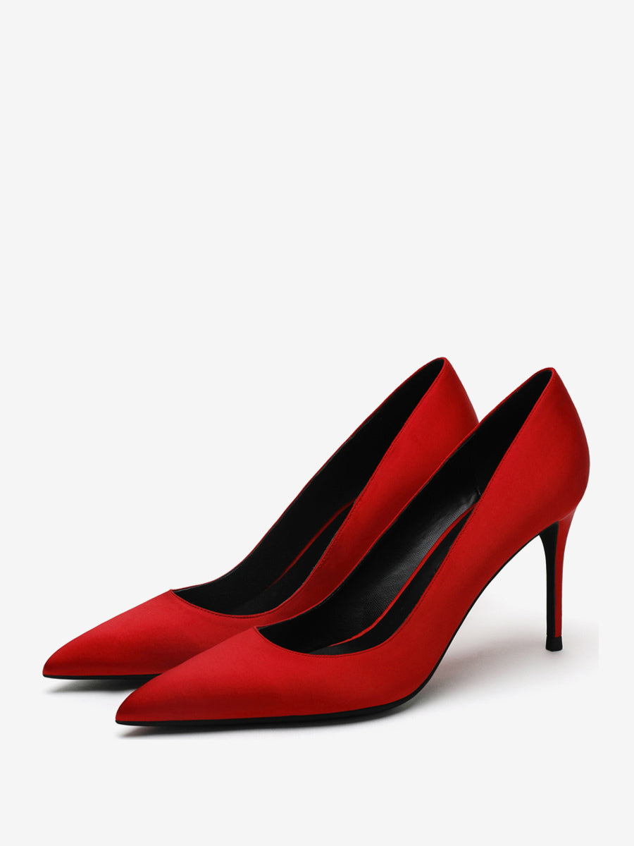 yellow pointed toe stiletto satin court shoes — view 5