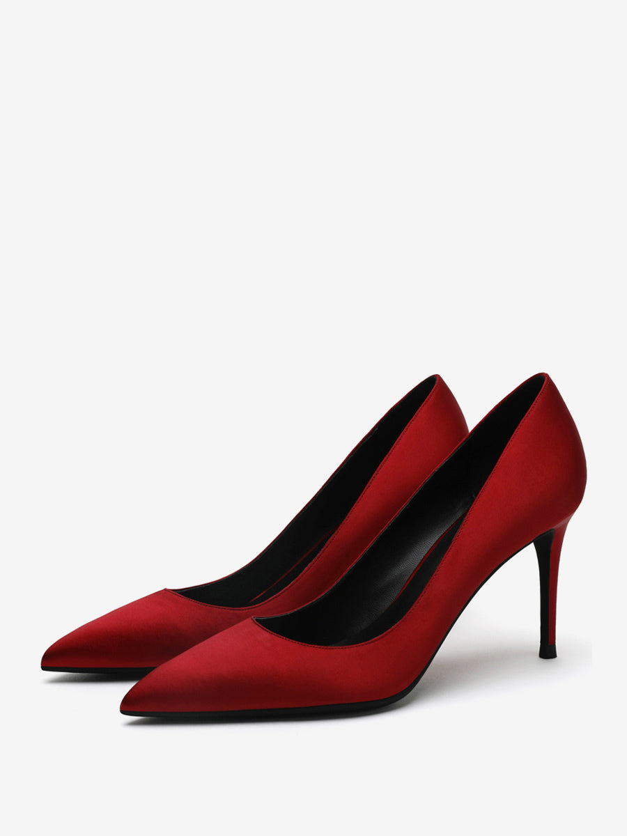 yellow pointed toe stiletto satin court shoes — view 4