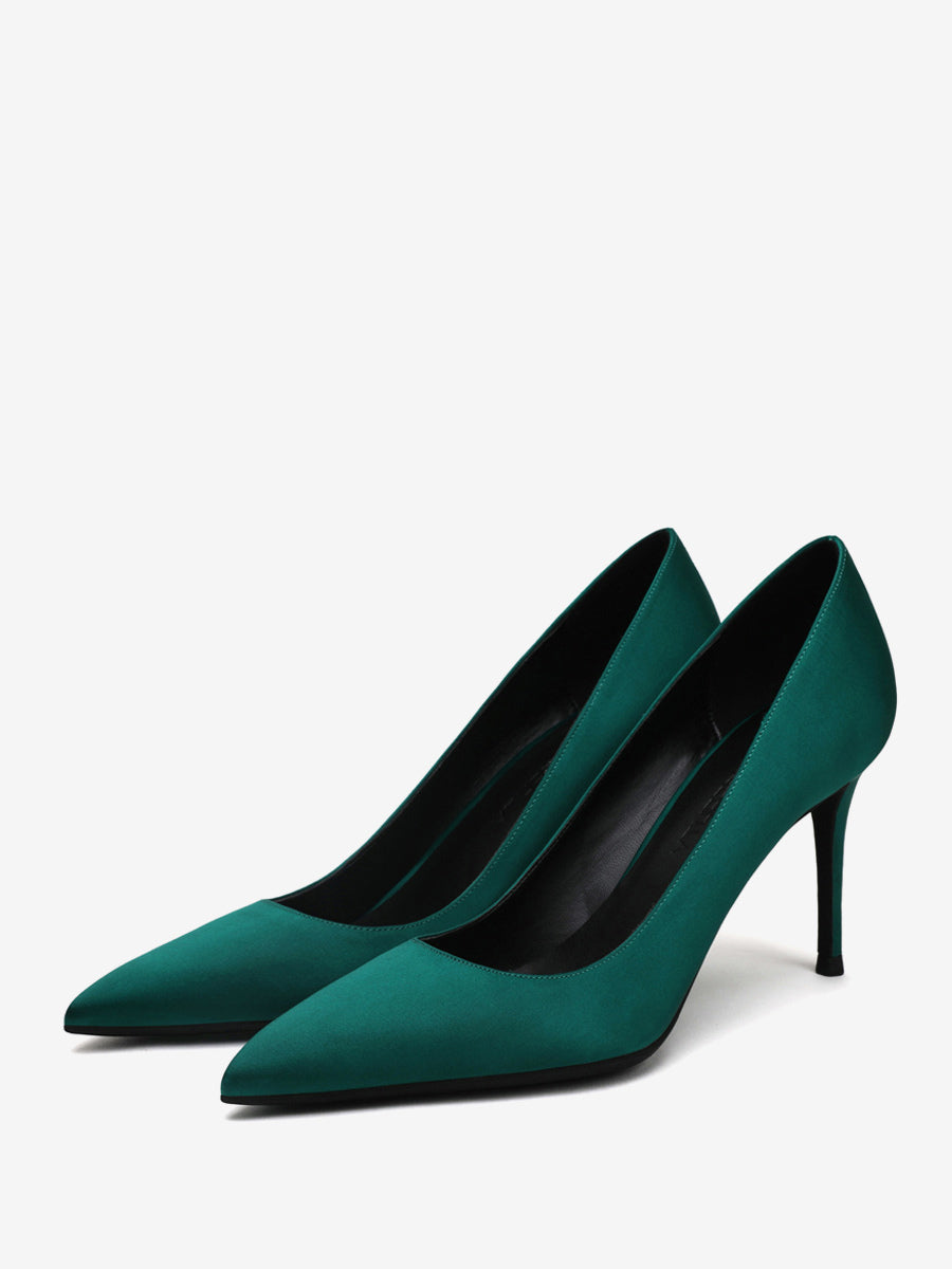yellow pointed toe stiletto satin court shoes — view 2