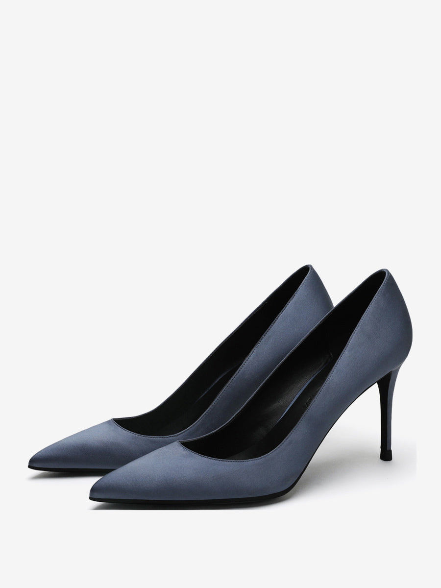 yellow pointed toe stiletto satin court shoes — view 9
