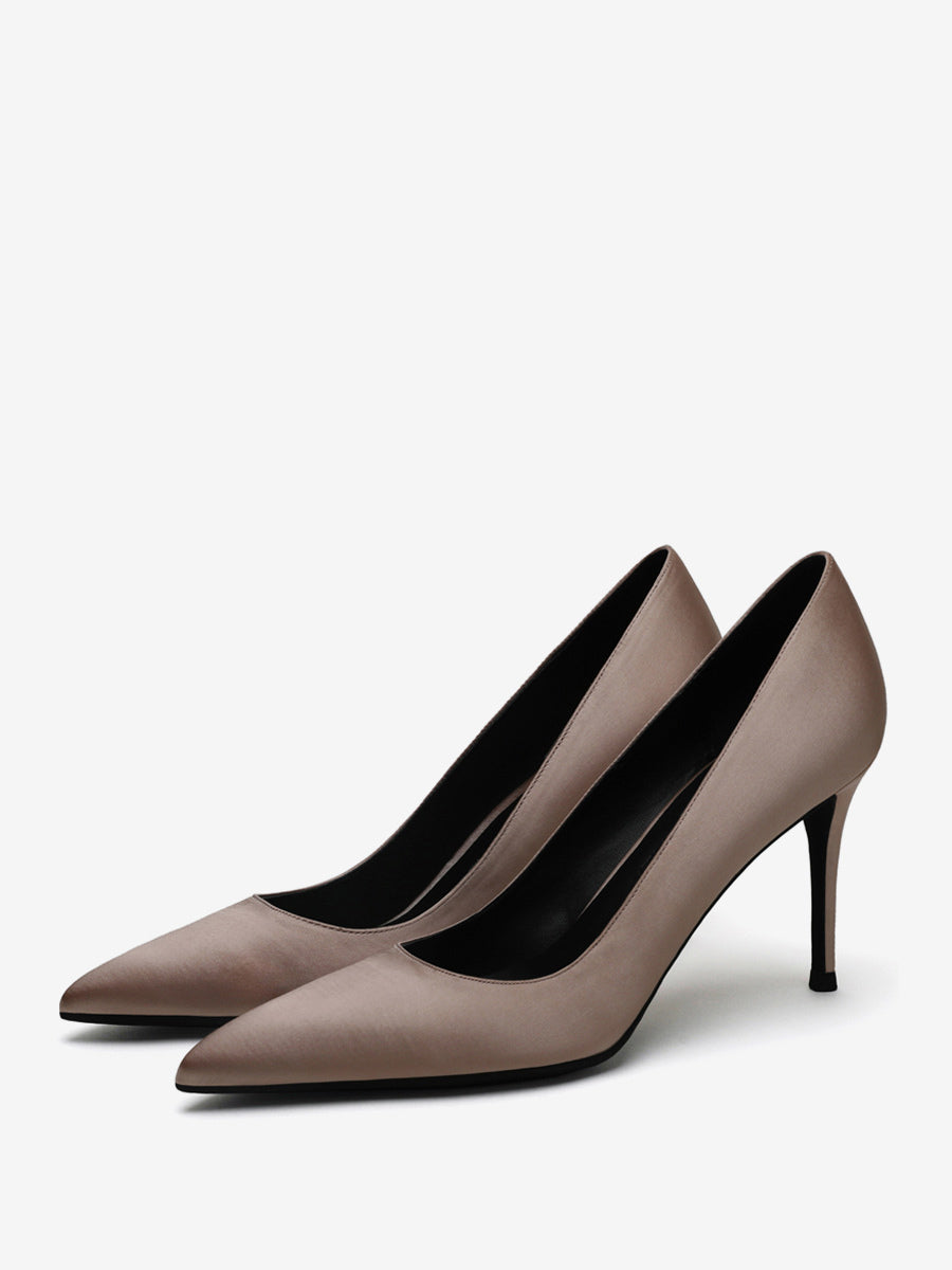 yellow pointed toe stiletto satin court shoes — view 6