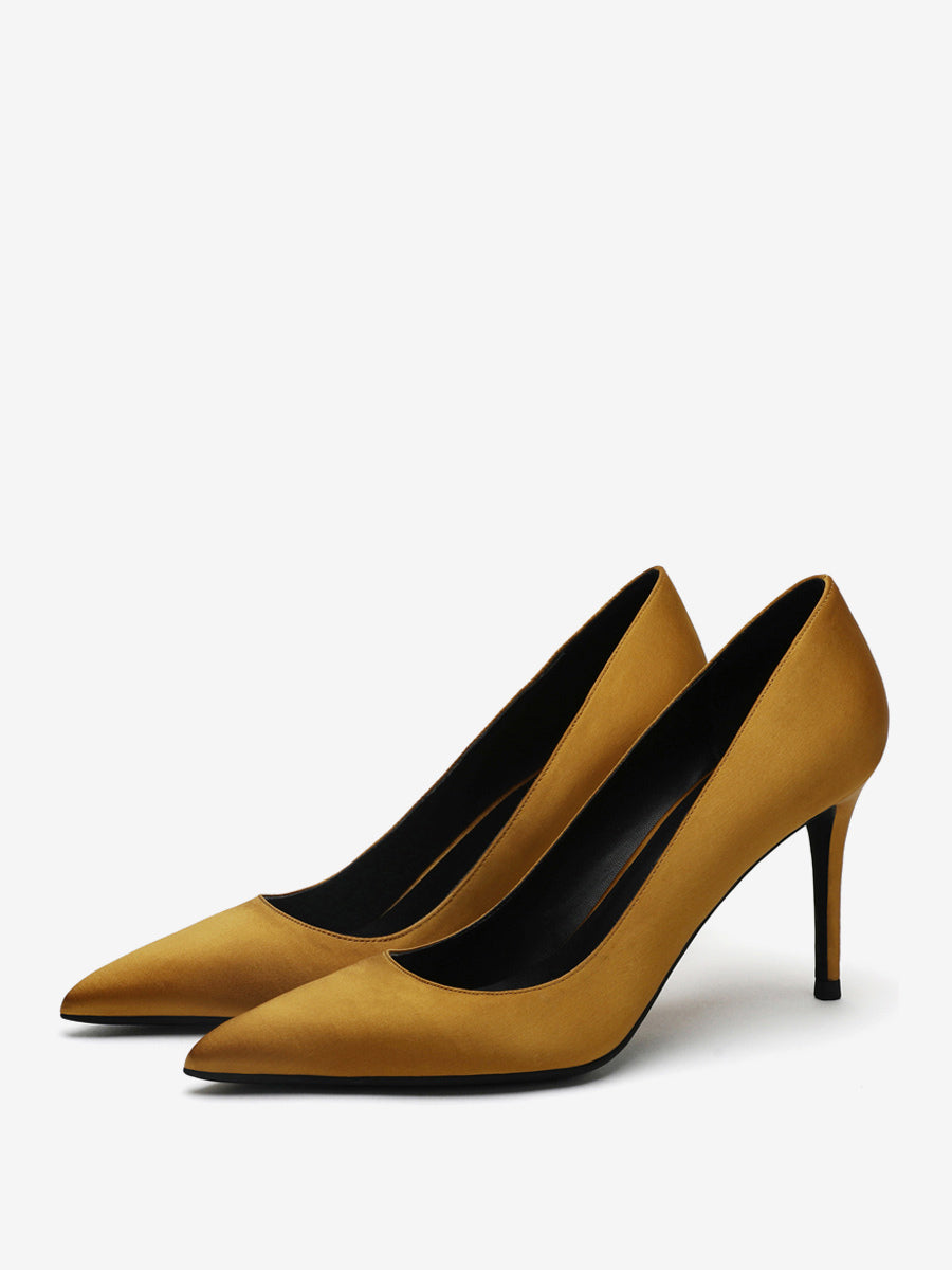 Yellow Pointed-Toe Stiletto Satin Court Shoes — view 7