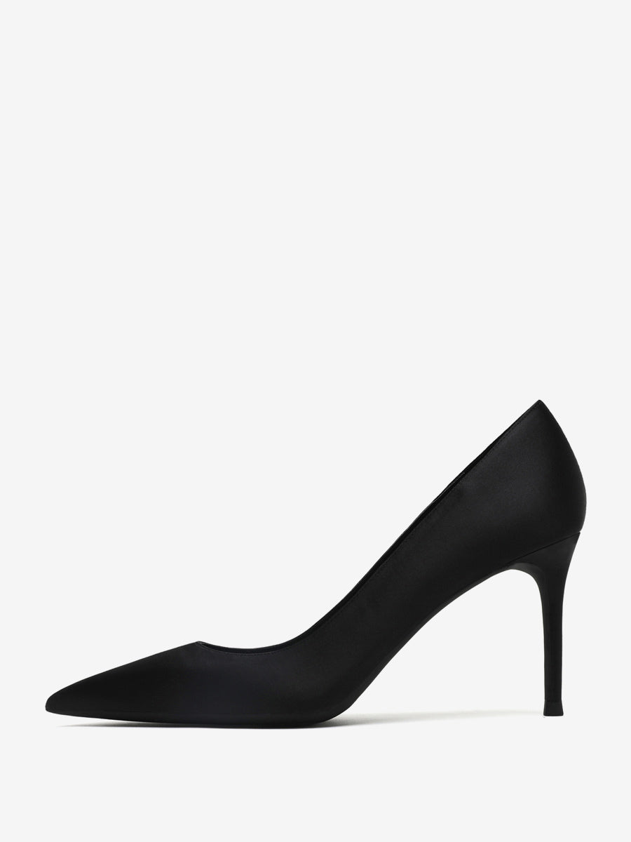 yellow pointed toe stiletto satin court shoes — view 1