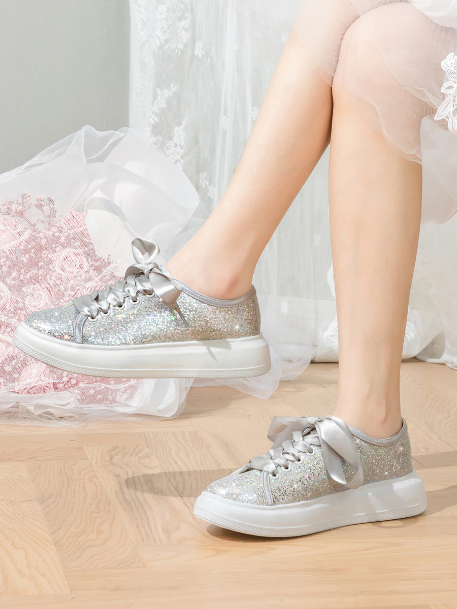 silver round toe lace up metallic trainers — view 6