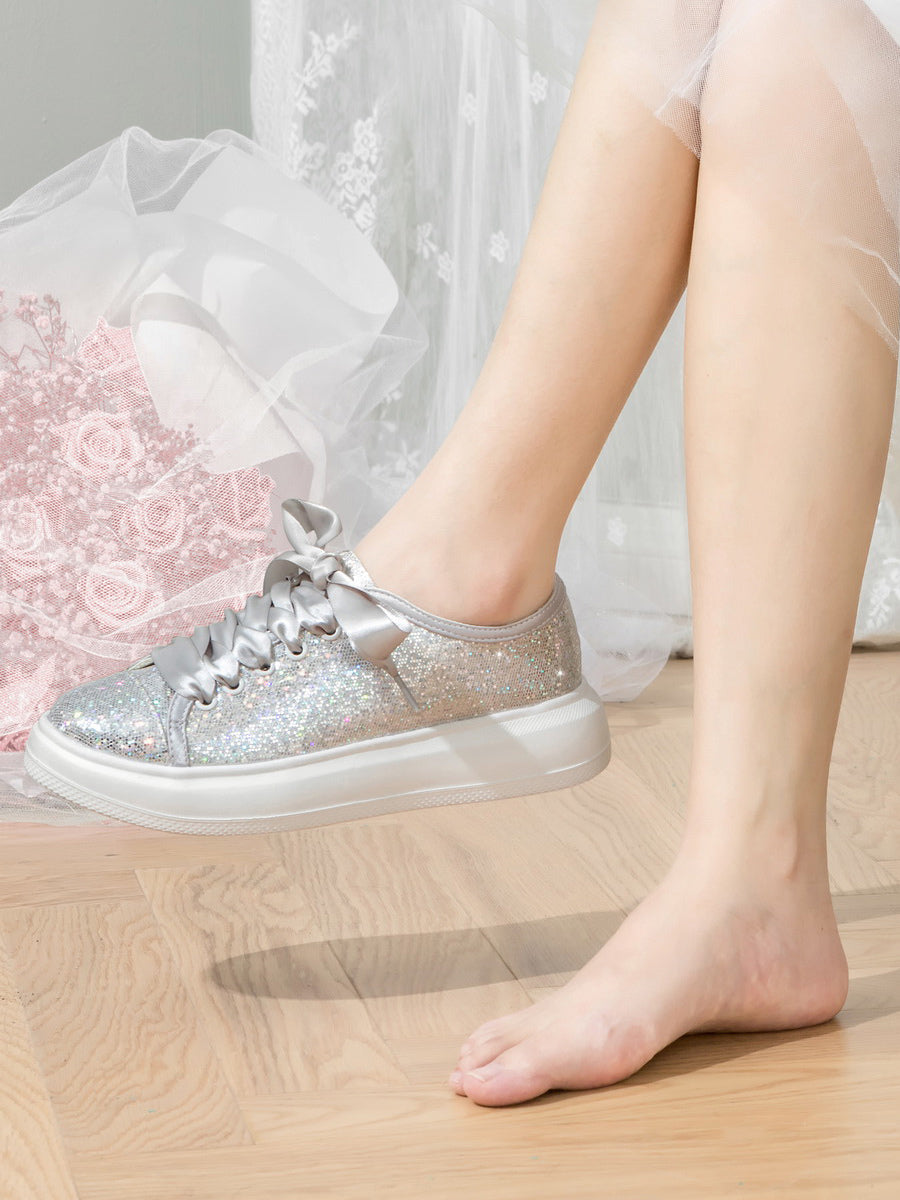 silver round toe lace up metallic trainers — view 5