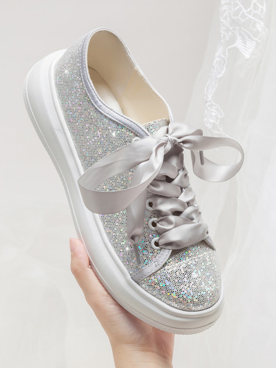 silver round toe lace up metallic trainers — view 4