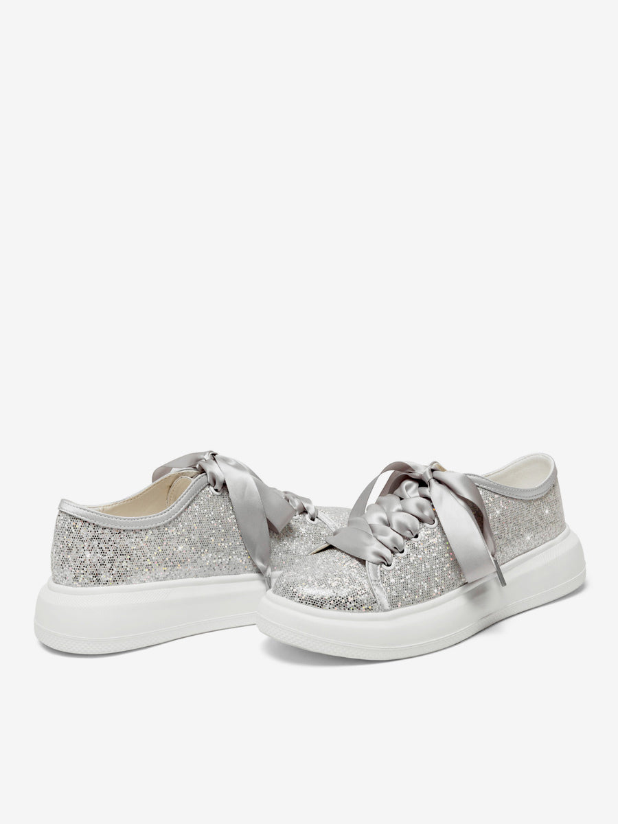 silver round toe lace up metallic trainers — view 3