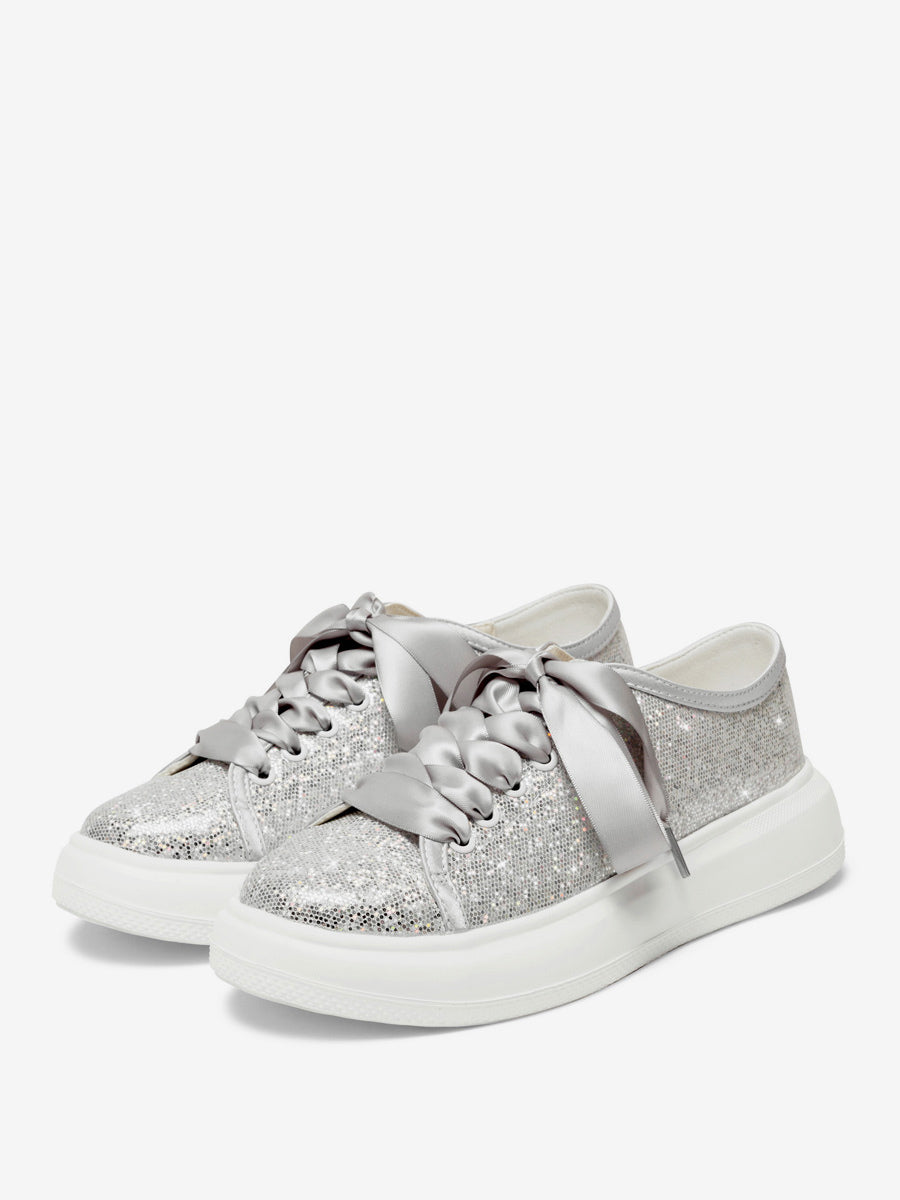 silver round toe lace up metallic trainers — view 2