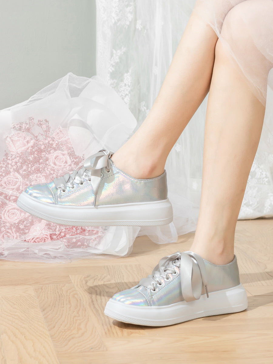 silver round toe lace up trainers — view 2