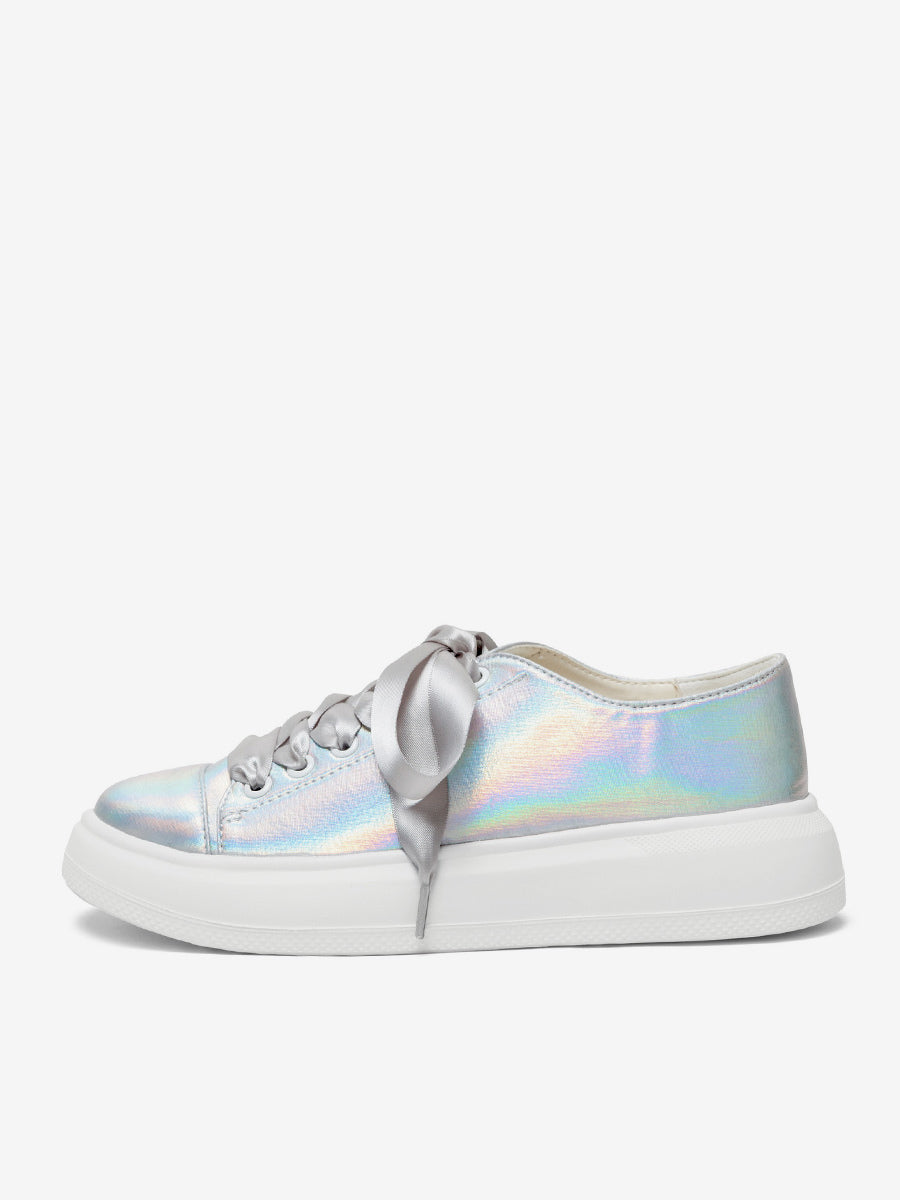 silver round toe lace up trainers — view 1