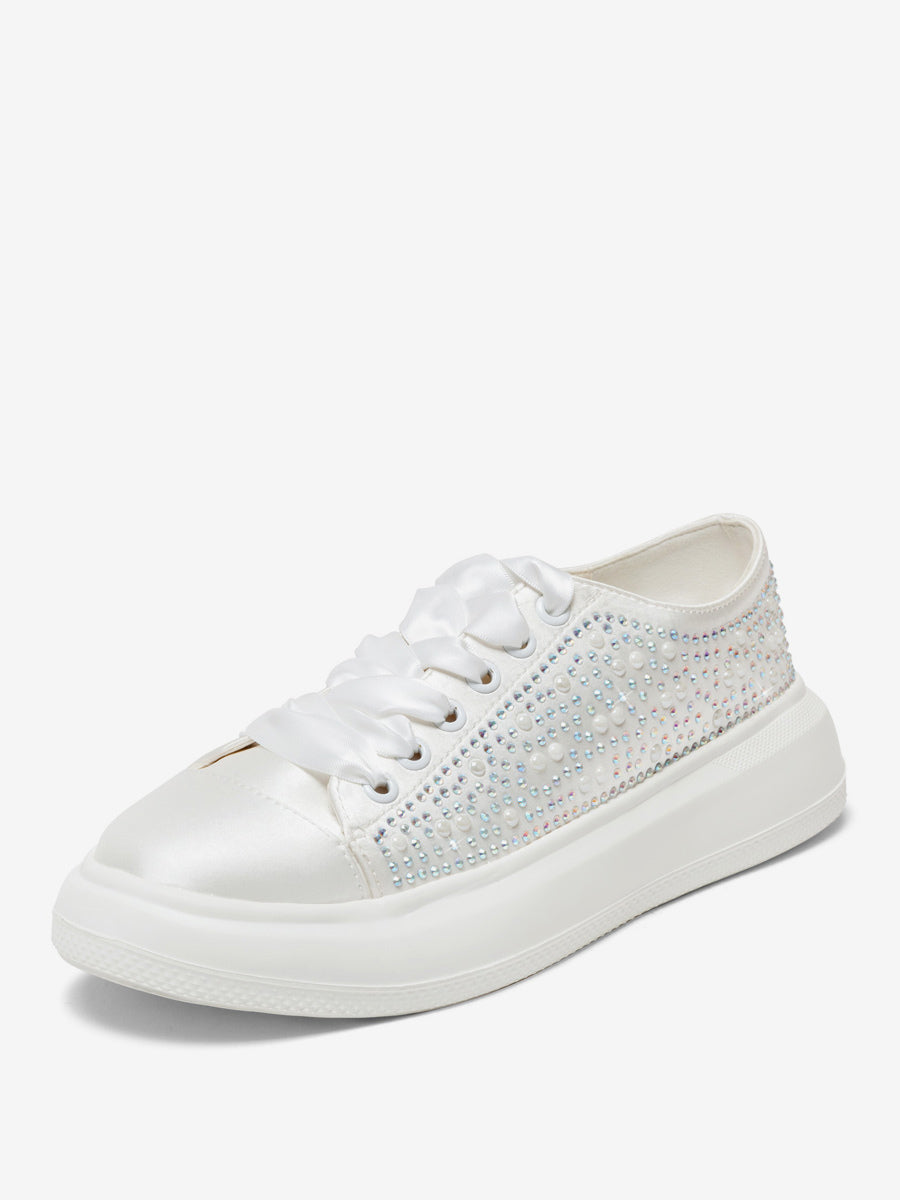 ivory round toe lace up embellished trainers — view 1