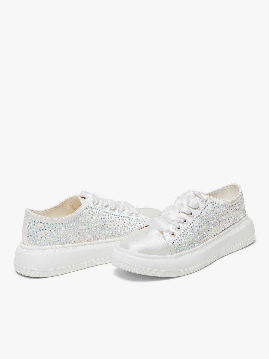 ivory round toe lace up embellished trainers — view 3