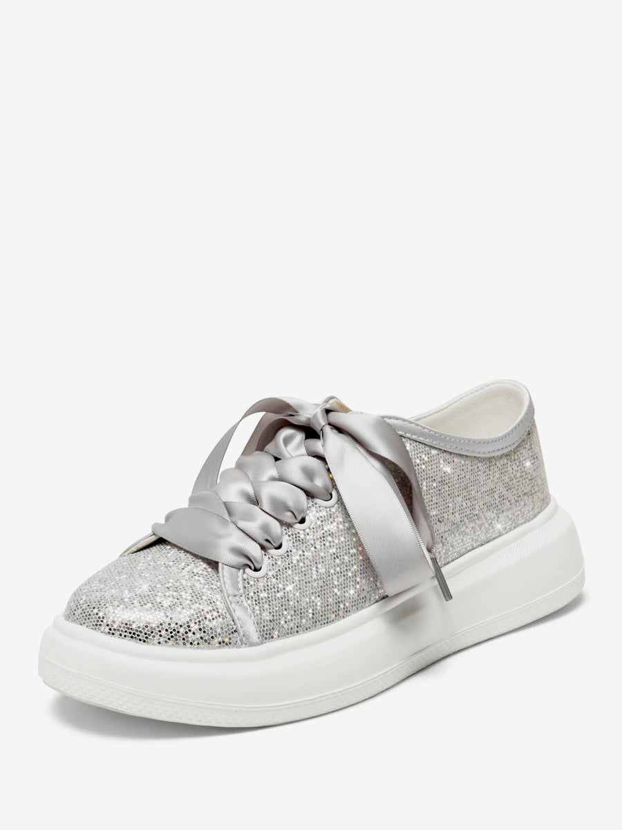 Silver Round-Toe Lace-Up Metallic Trainers — view 1