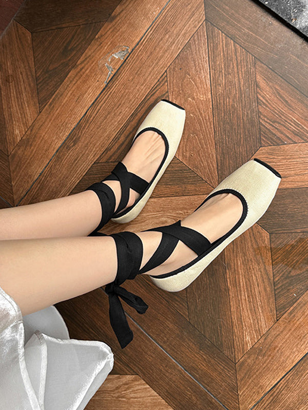 apricot square toe lace up ballet flats — view 6
