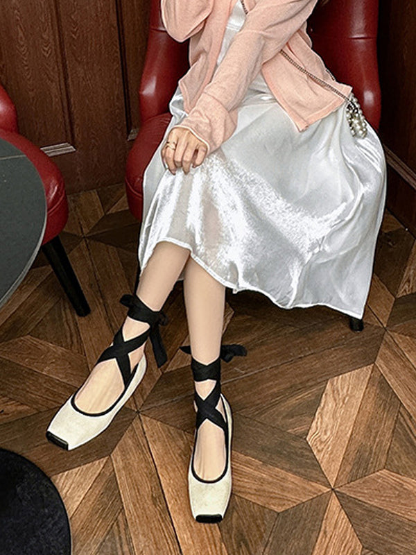 apricot square toe lace up ballet flats — view 7