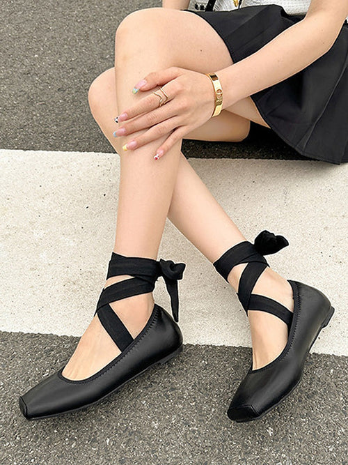 Apricot Square-Toe Lace-Up Ballet Flats — view 1