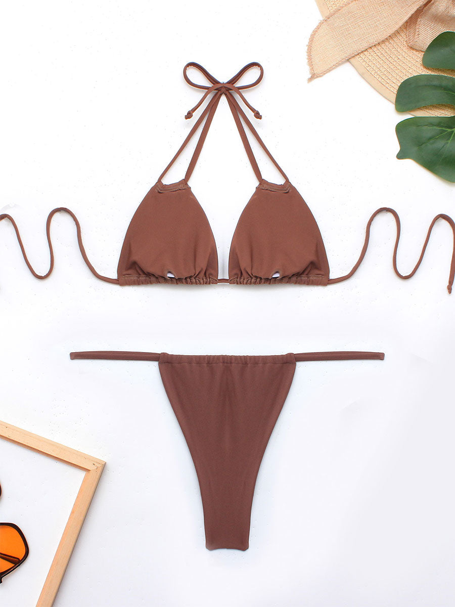 brown halter neck strappy bikini set — view 6