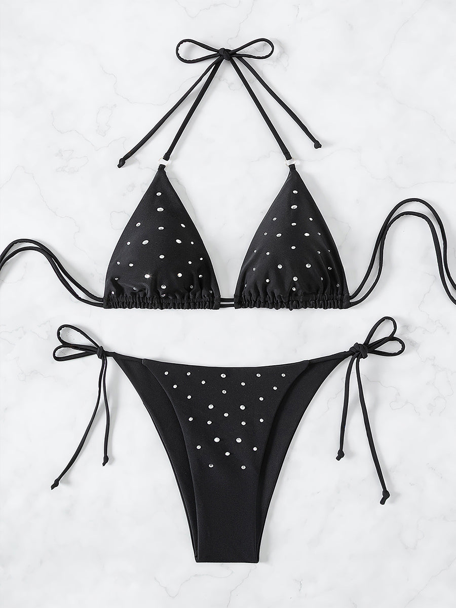 Black Halter-Neck Polka Dot Strappy Bikini Set — view 4