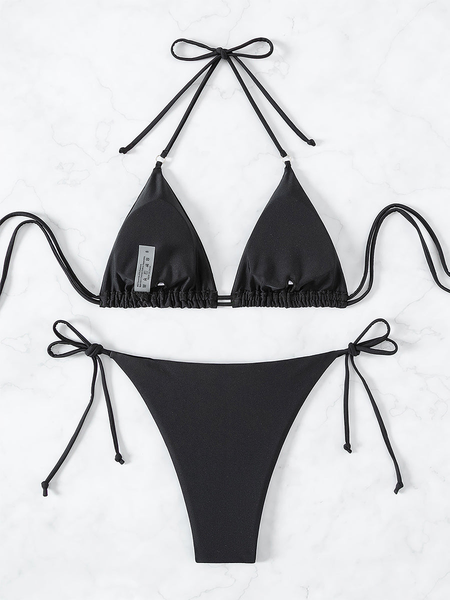 Black Halter-Neck Polka Dot Strappy Bikini Set — view 5