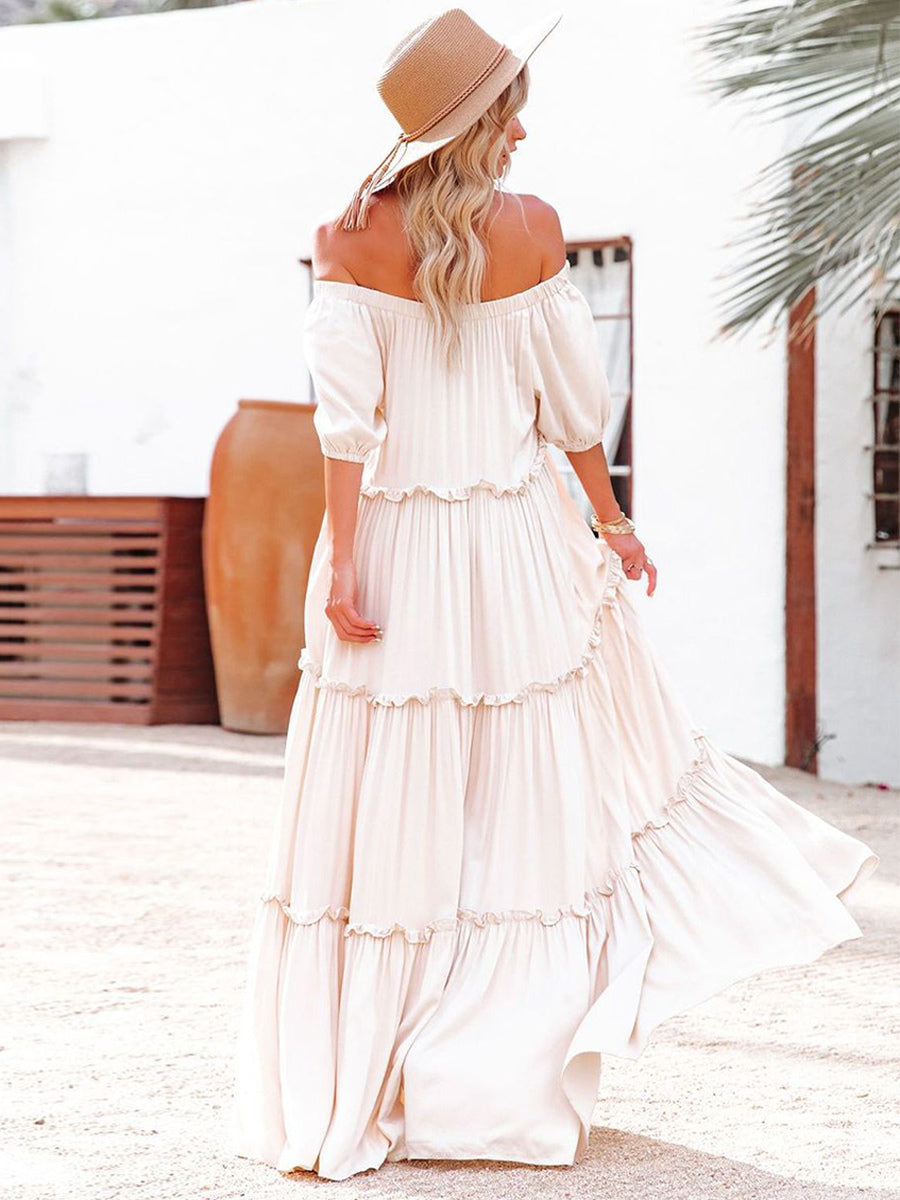 Pink Puff-Sleeve Off-Shoulder Tiered Maxi Dress — view 2