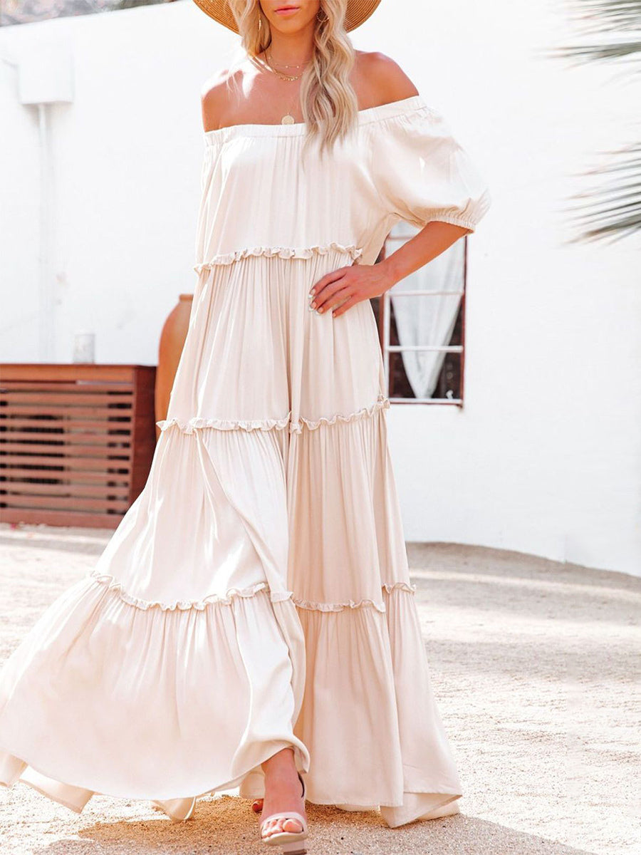Pink Puff-Sleeve Off-Shoulder Tiered Maxi Dress — view 4