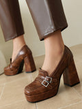 Brown Block Heel Buckle Loafers — view 1