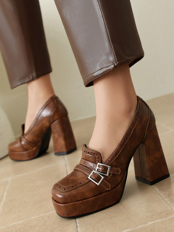 brown block heel buckle loafers — view 1