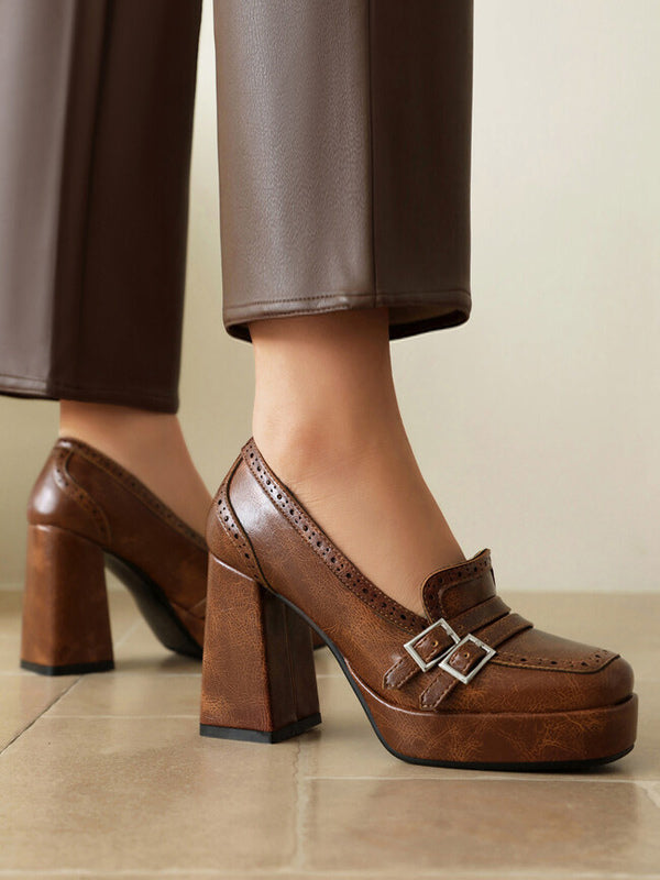 brown block heel buckle loafers — view 2