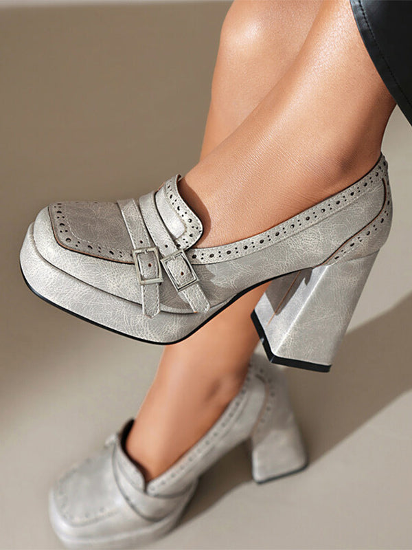 brown block heel buckle loafers — view 7