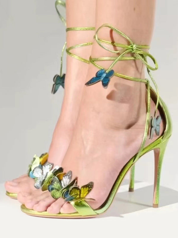 green open toe stiletto lace up sandals — view 1