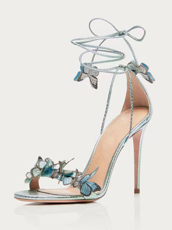 green open toe stiletto lace up sandals — view 3