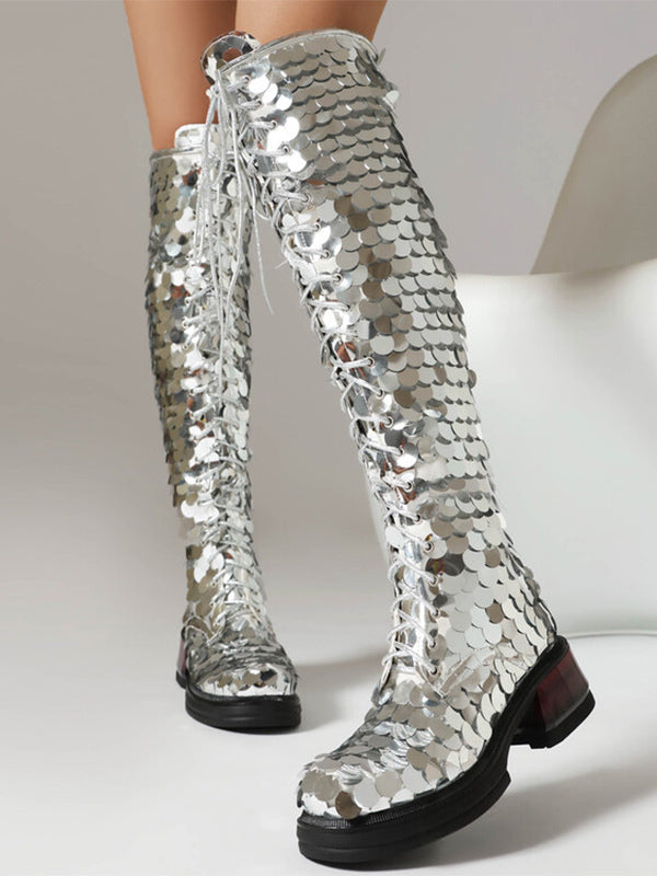 silver platform lace up sequin knee high boots — view 5