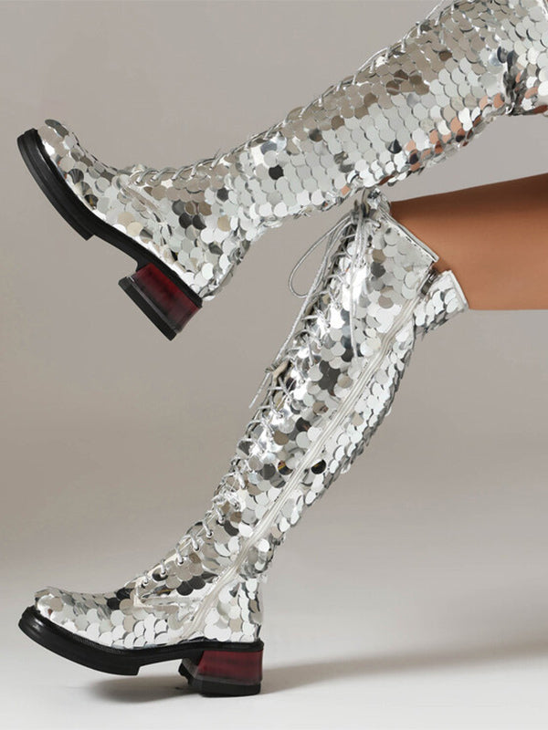 silver platform lace up sequin knee high boots — view 2