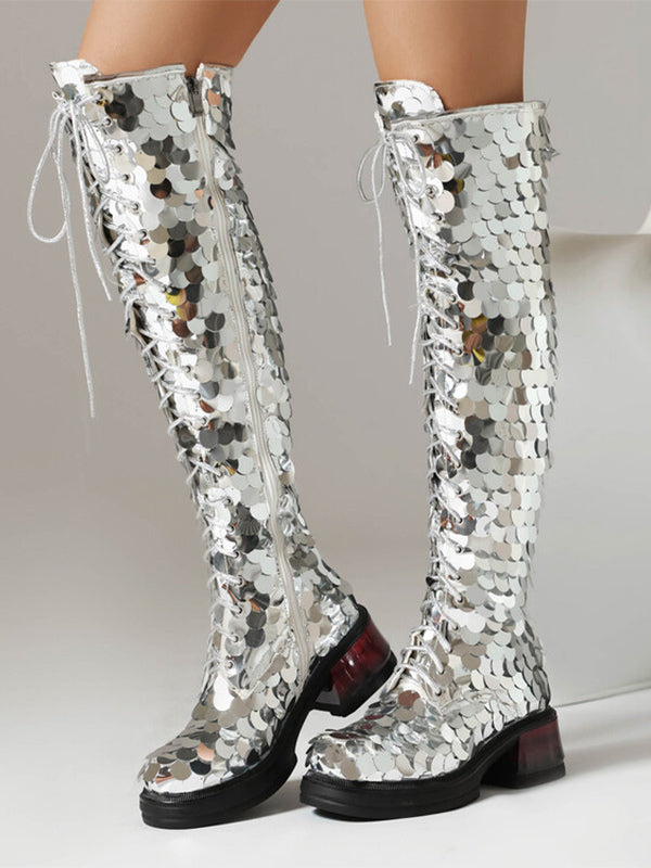 silver platform lace up sequin knee high boots — view 3