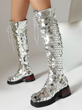 Silver Platform Lace-Up Sequin Knee-High Boots — view 1