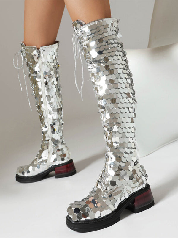 silver platform lace up sequin knee high boots — view 1