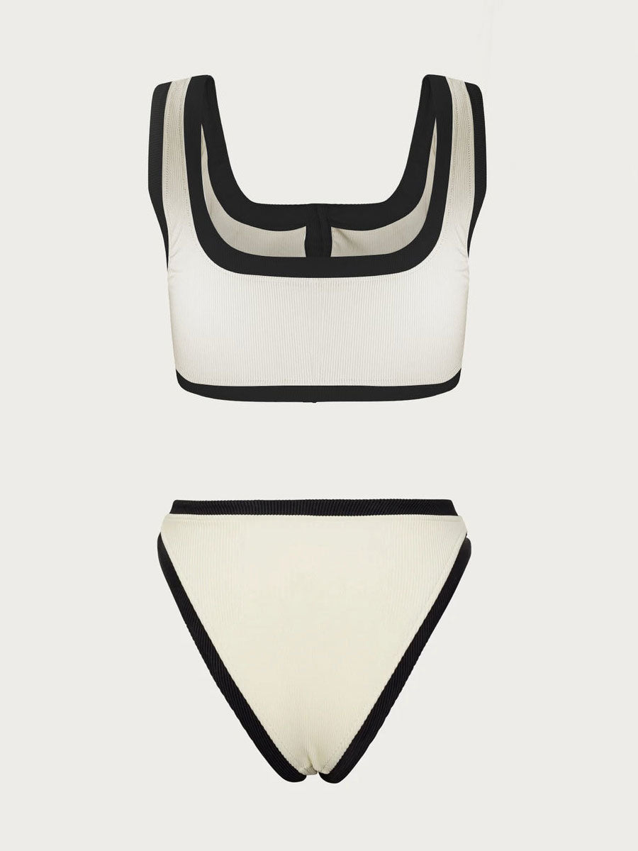 black square neck contrast panel bikini set — view 4